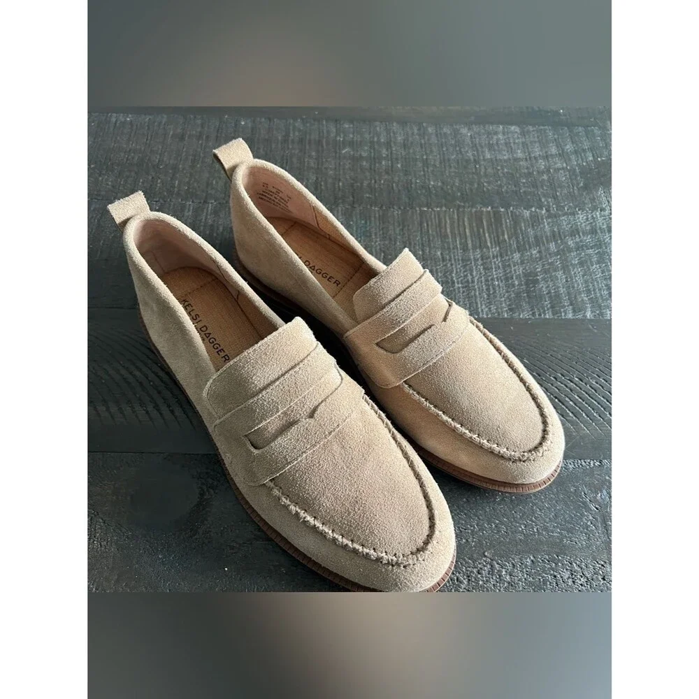 Kelsi Dagger Womens 8.5 Beige Suede Penny Loafers Lens Almond Preppy